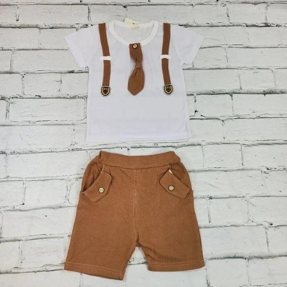 2T Brown Faux Suit Shorts Baby Boys 2 pcs Outfit. T-Shirt and Shorts Set - Picture 3 of 12